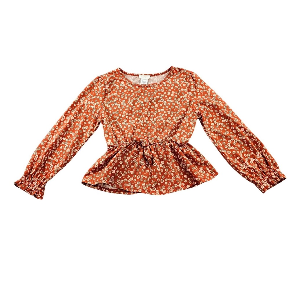 Moon Pink Peplum Top Girls 16 Orange Floral Long Sleeve Round Neck Tie Waist